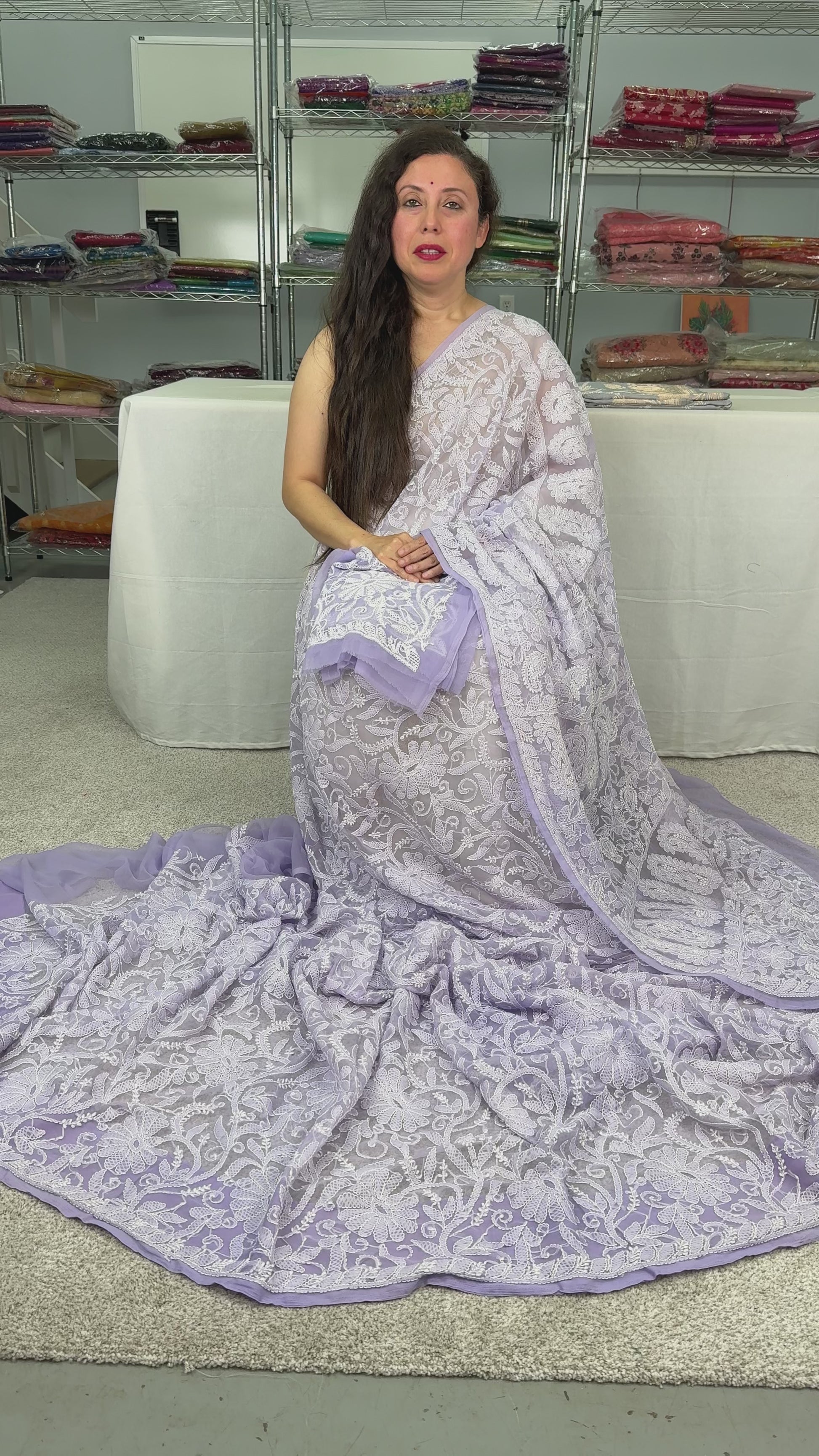 Video of Hand Embroidery Faux Georgette Chikankari Saree in Mauve.