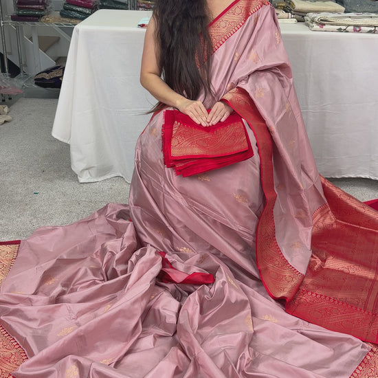 Video of Bidisha : Certified Silk Banarasi Saree in English Mauve and Bright Red