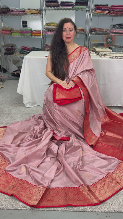 Video of Bidisha : Certified Silk Banarasi Saree in English Mauve and Bright Red