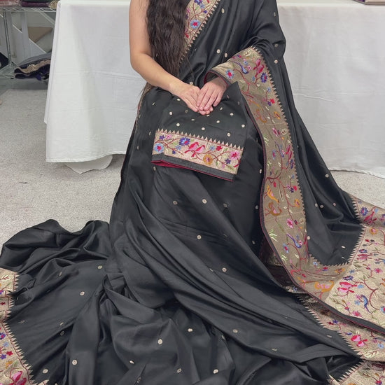 video of Semi Tussar Silk Paithani Embroidered Black Designer Saree.