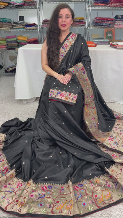 video of Semi Tussar Silk Paithani Embroidered Black Designer Saree.