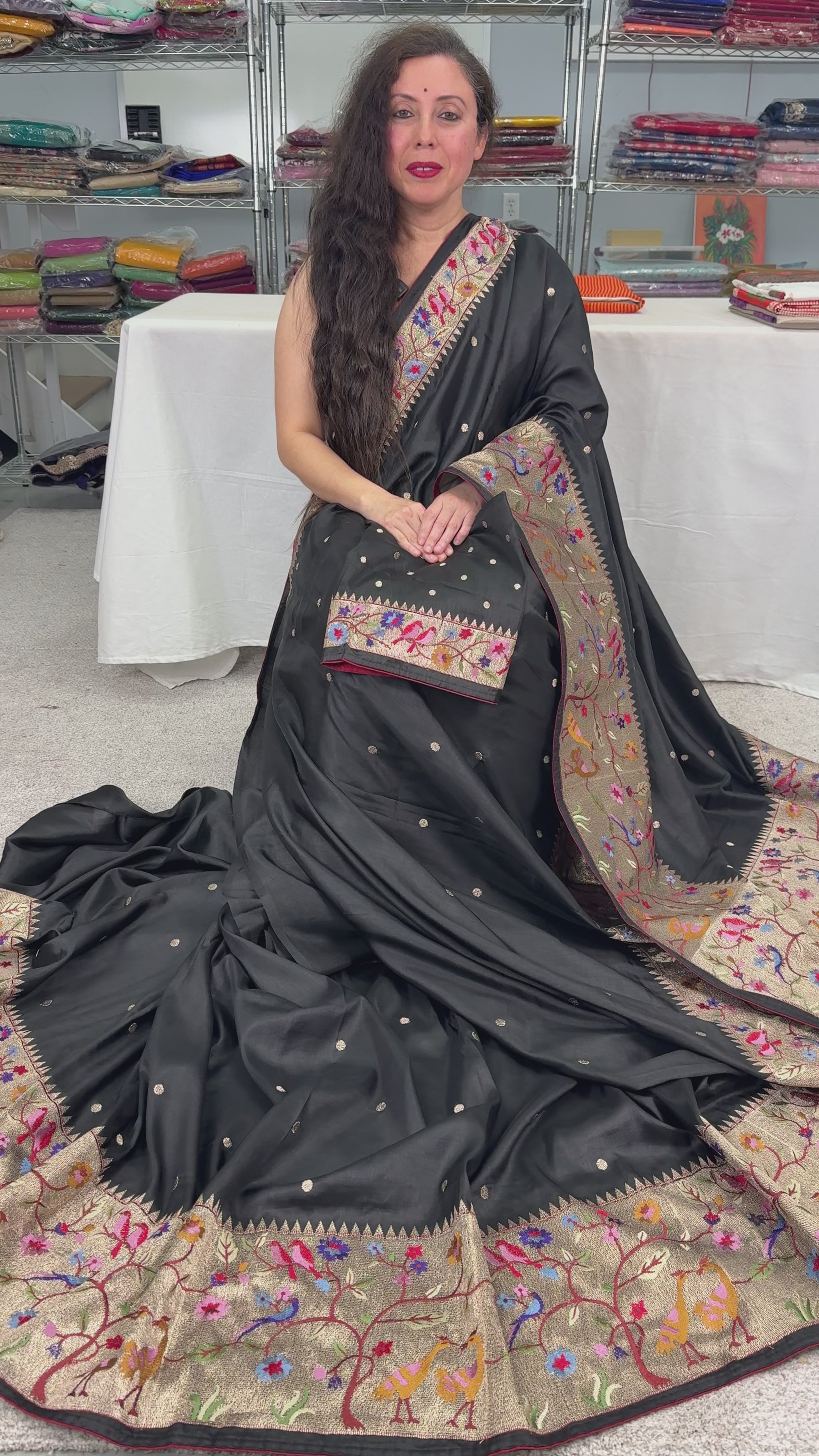 video of Semi Tussar Silk Paithani Embroidered Black Designer Saree.