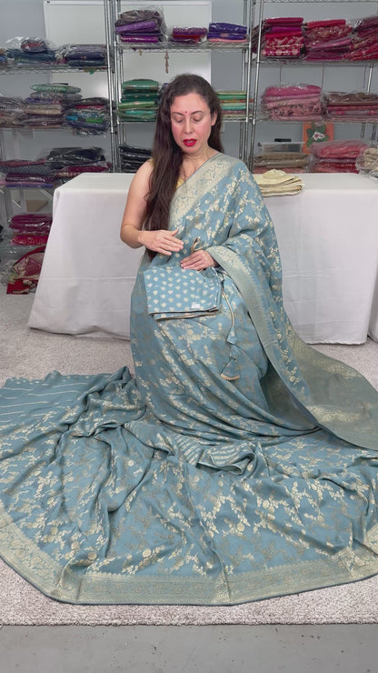 Georgette Banarasi Saree in Cloud Gray with 42 Size Stitched Blouse