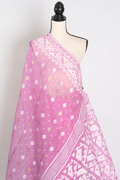 Pritha : Blended Soft Cotton Jamdani Bengali Saree in Pink and White - Saree Mandi