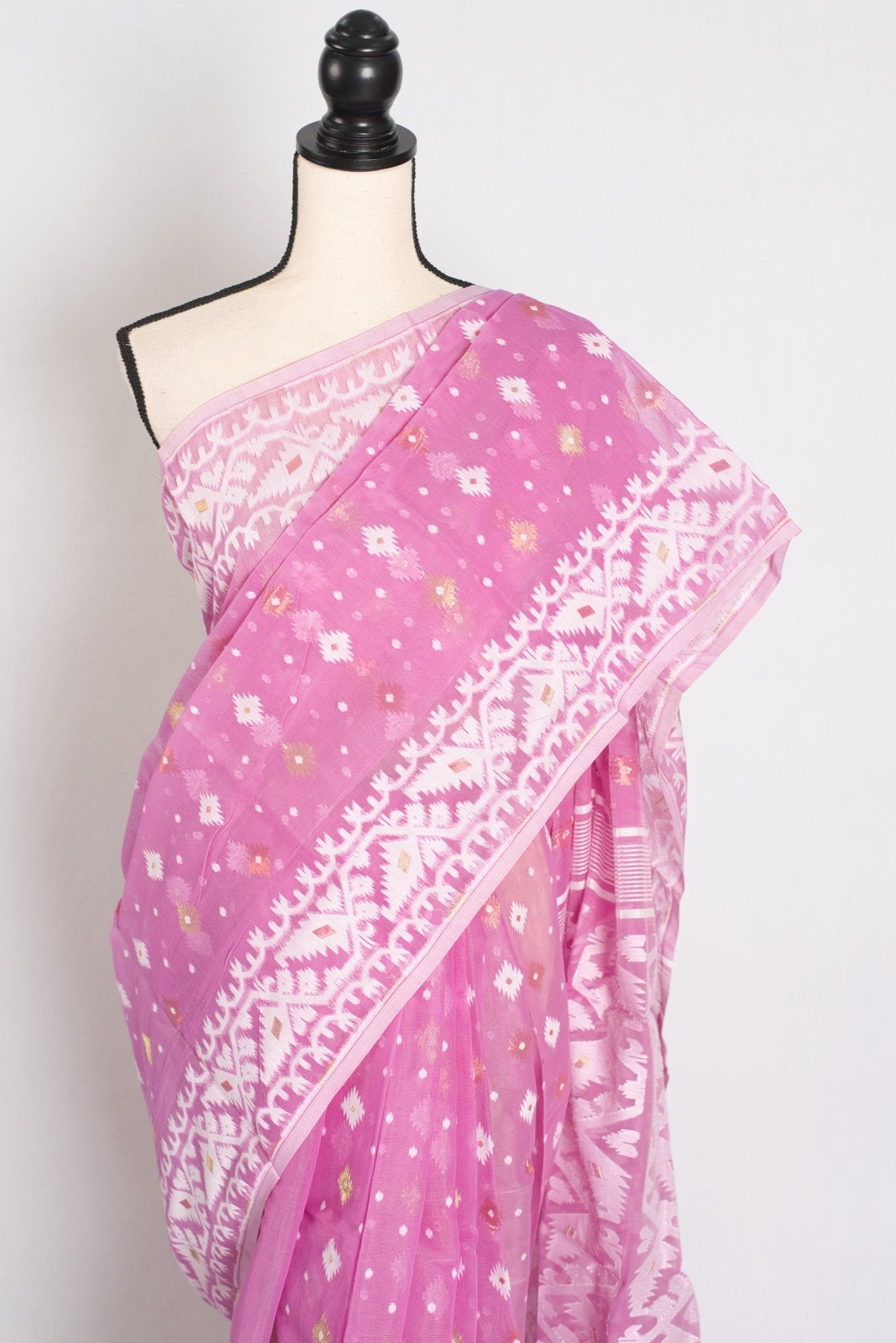 Pritha : Blended Soft Cotton Jamdani Bengali Saree in Pink and White - Saree Mandi