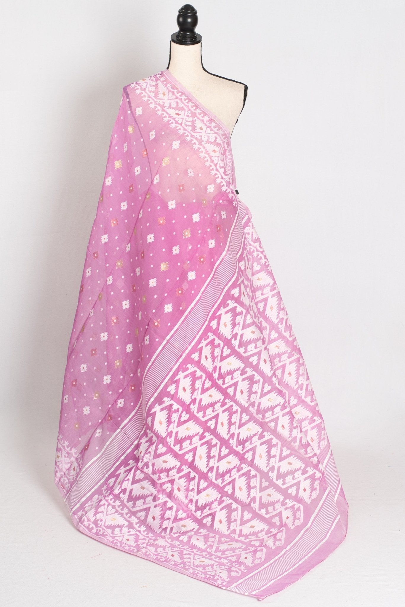 Pritha : Blended Soft Cotton Jamdani Bengali Saree in Pink and White - Saree Mandi
