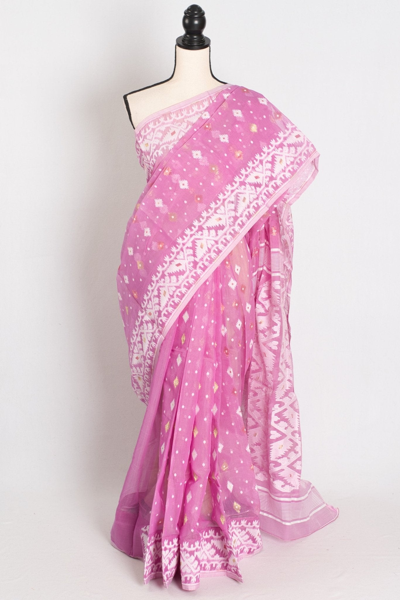 Pritha : Blended Soft Cotton Jamdani Bengali Saree in Pink and White - Saree Mandi