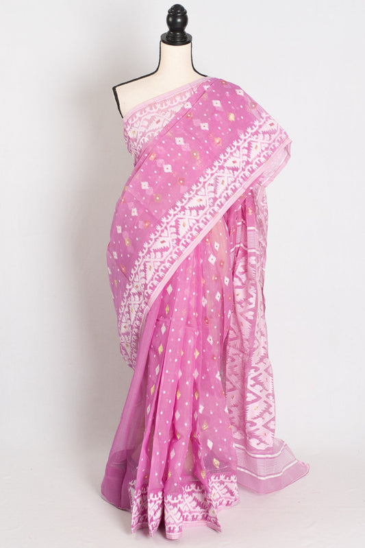 Pritha : Blended Soft Cotton Jamdani Bengali Saree in Pink and White - Saree Mandi