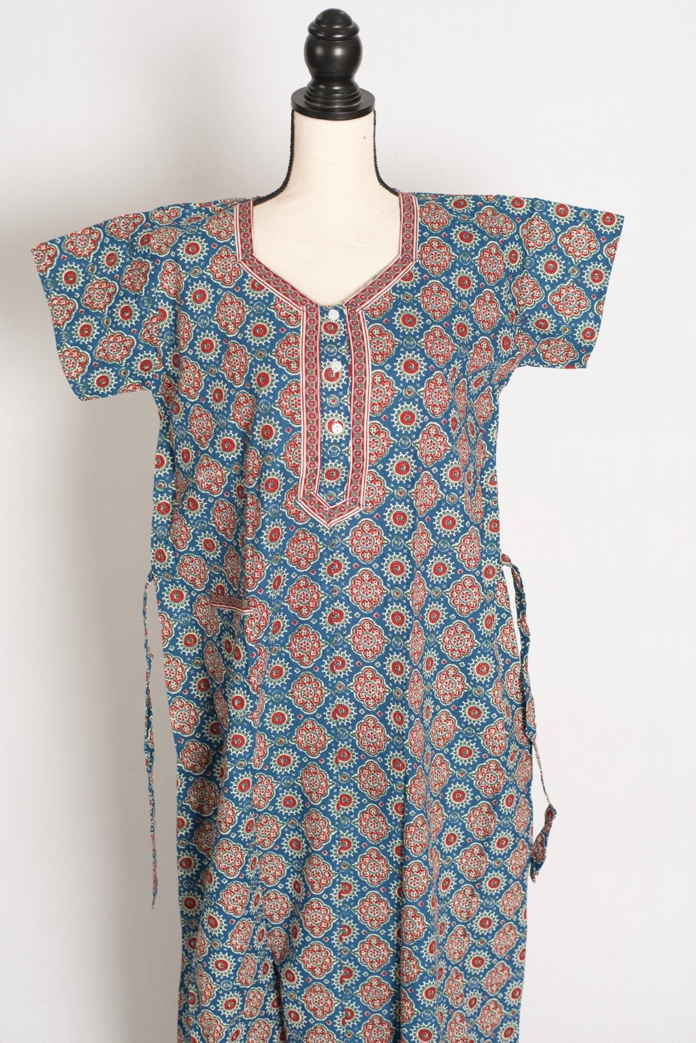 Pure Cotton Blue Kalamkari Printed Long Nighty in Regular Size - Saree Mandi
