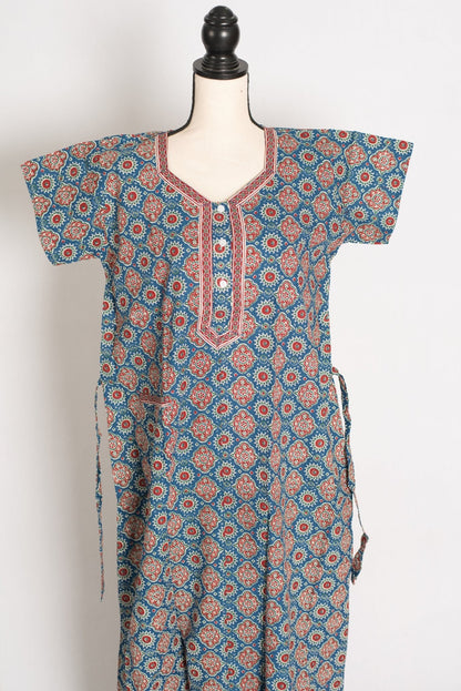 Pure Cotton Blue Kalamkari Printed Long Nighty in Regular Size - Saree Mandi
