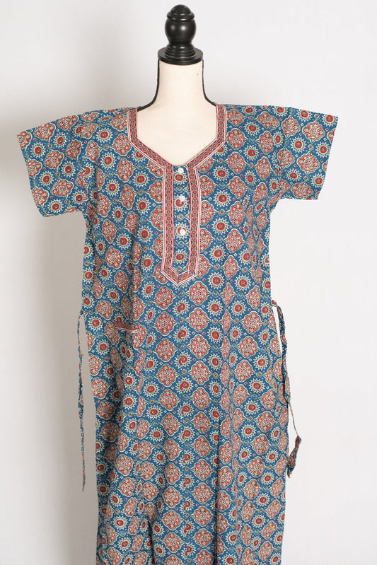 Pure Cotton Blue Kalamkari Printed Long Nighty in Regular Size - Saree Mandi