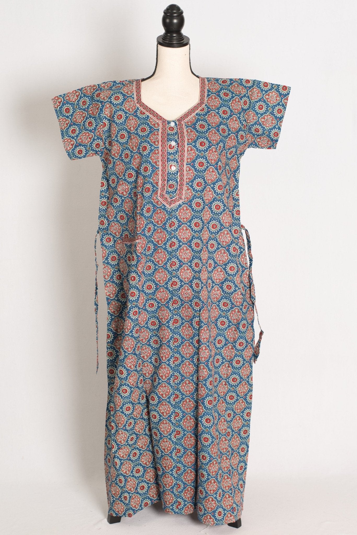 Pure Cotton Blue Kalamkari Printed Long Nighty in Regular Size - Saree Mandi