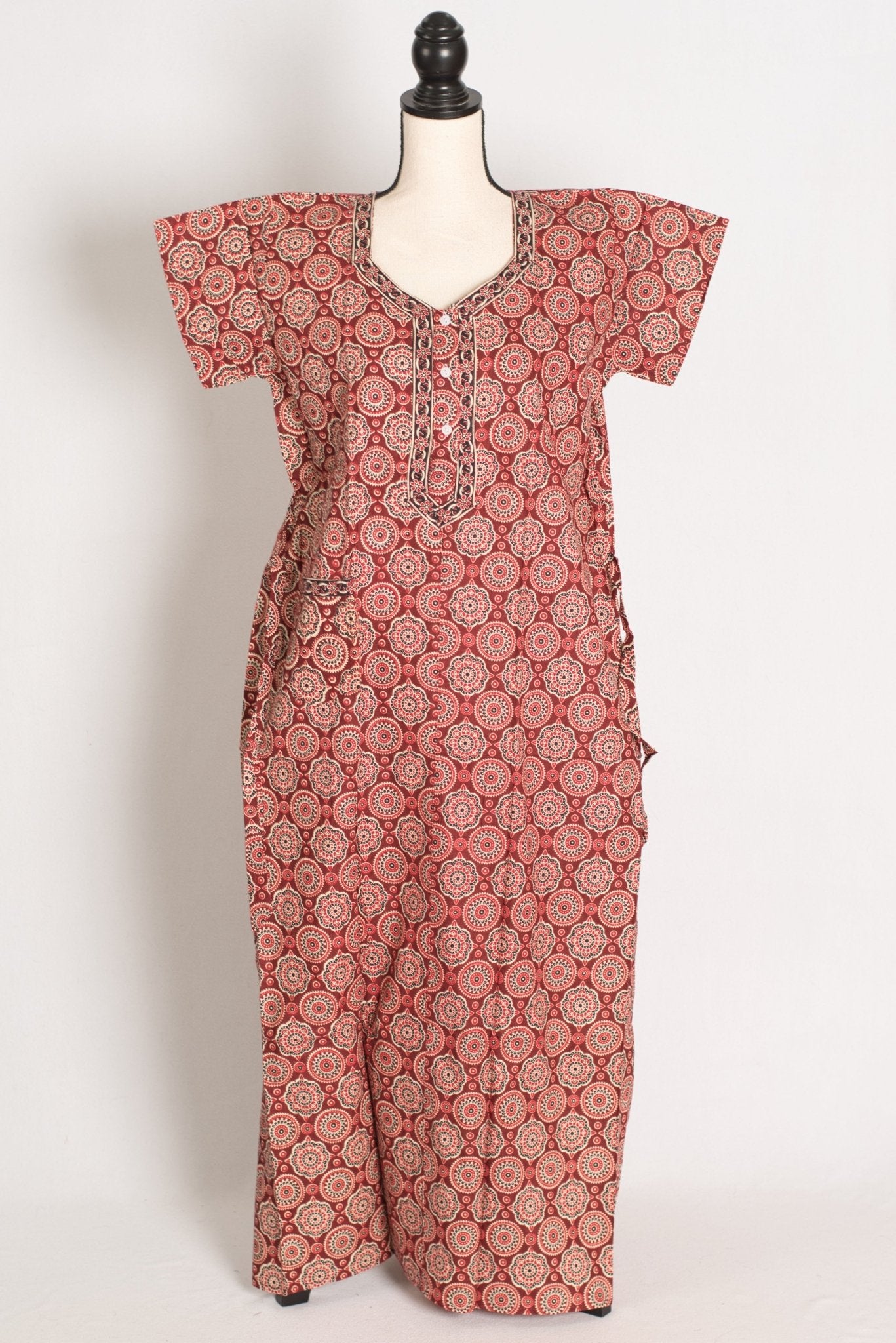 Pure Cotton Brick Red Kalamkari Printed Long Nighty in Regular Size - Saree Mandi