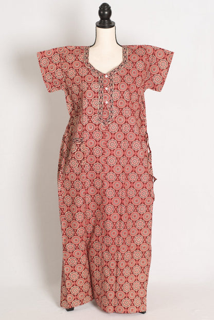 Pure Cotton Brick Red Kalamkari Printed Long Nighty in Regular Size - Saree Mandi