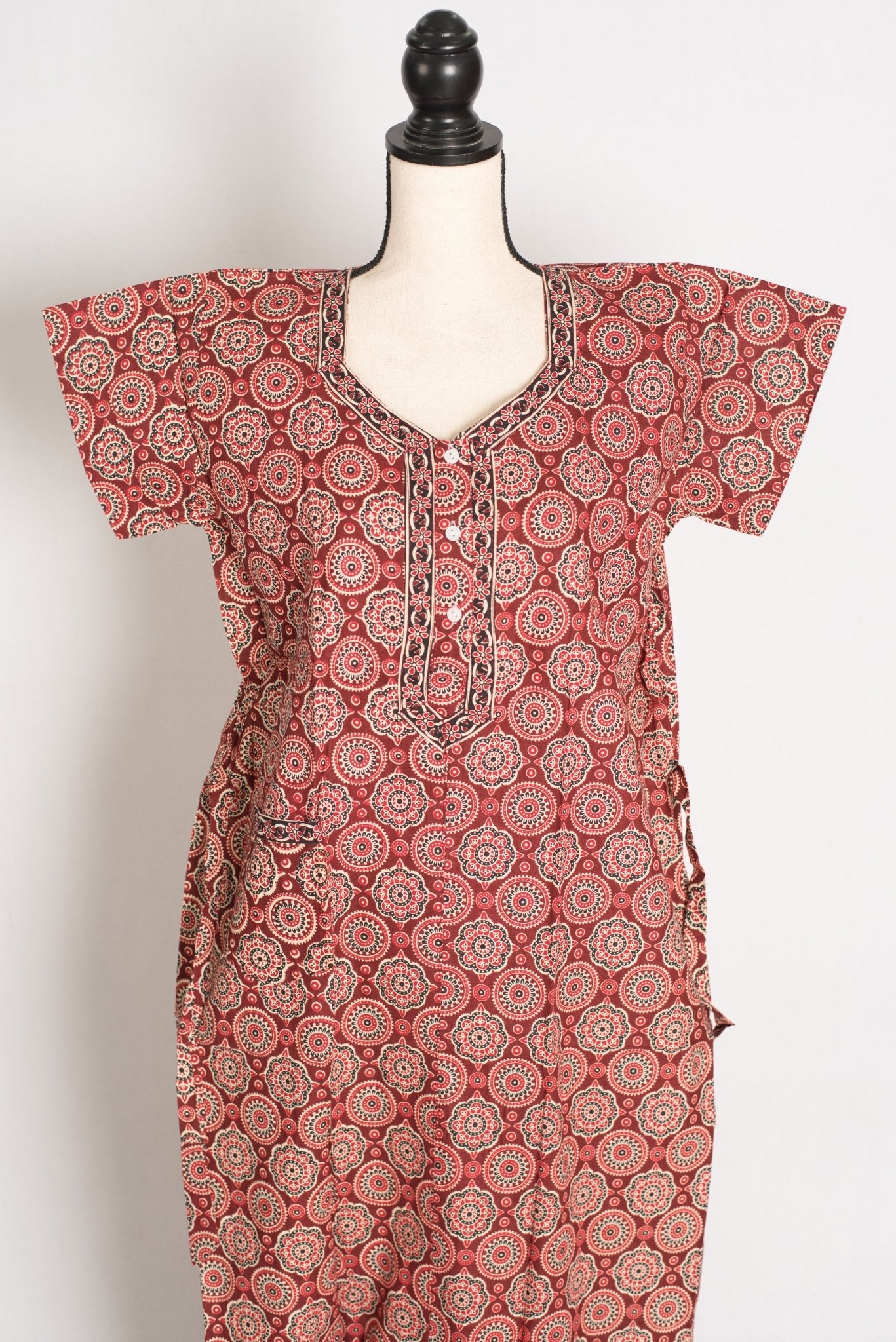 Pure Cotton Brick Red Kalamkari Printed Long Nighty in Regular Size - Saree Mandi