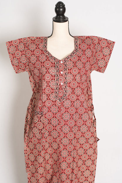 Pure Cotton Brick Red Kalamkari Printed Long Nighty in Regular Size - Saree Mandi
