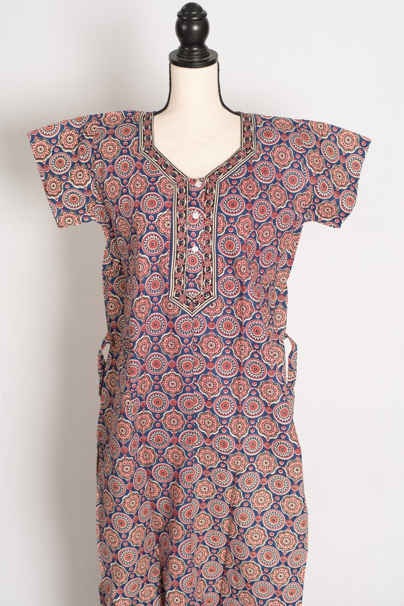 Pure Cotton Greyish Blue Kalamkari Printed Long Nighty in Regular Size - Saree Mandi