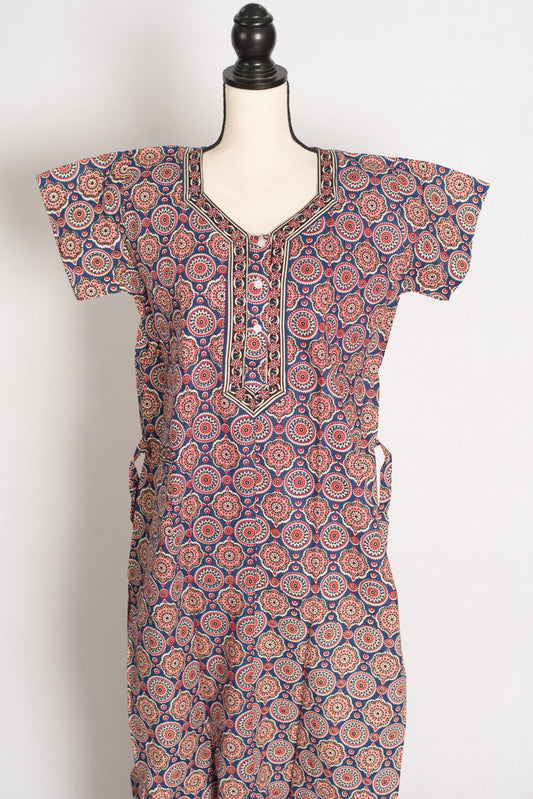 Pure Cotton Greyish Blue Kalamkari Printed Long Nighty in Regular Size - Saree Mandi