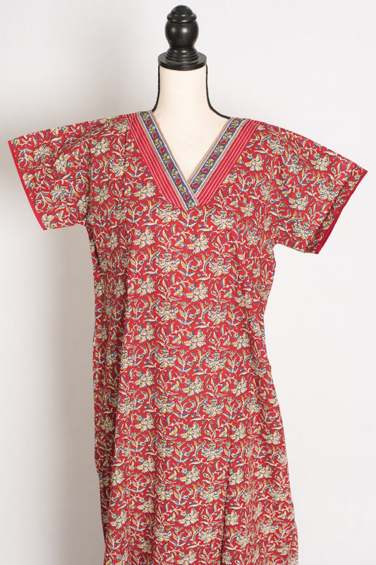 Pure Cotton Maroon Floral Block Print Long Nighty in XL Size - Saree Mandi