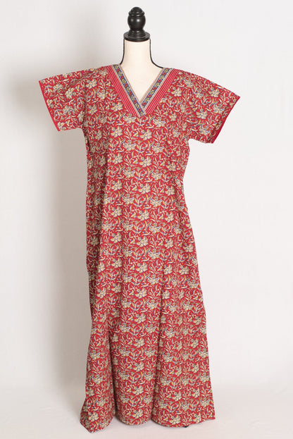 Pure Cotton Maroon Floral Block Print Long Nighty in XL Size - Saree Mandi