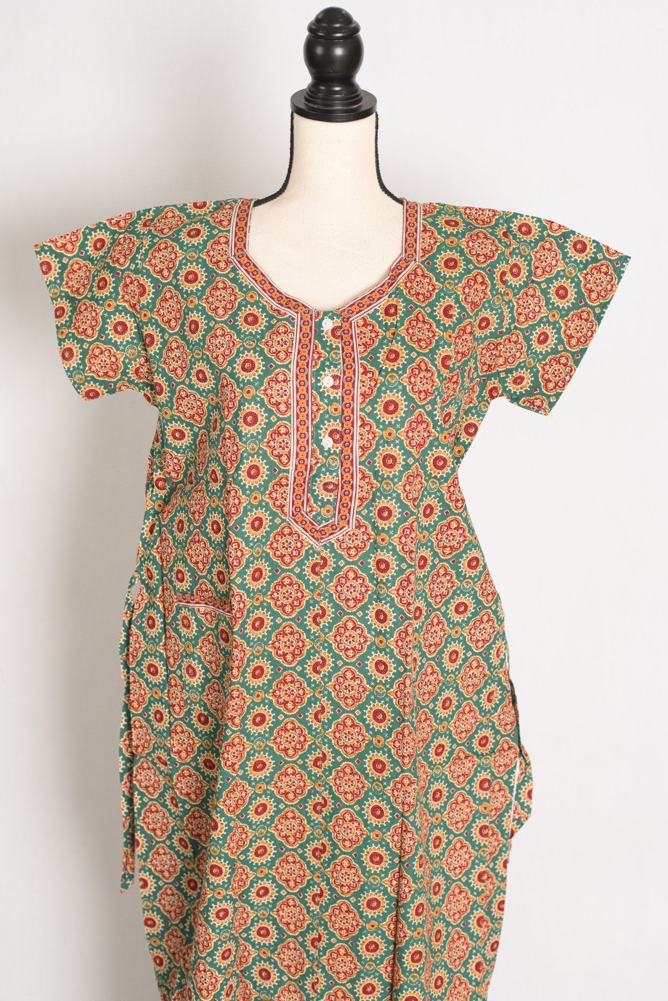 Pure Cotton Sea Green Kalamkari Printed Long Nighty in Regular Size - Saree Mandi