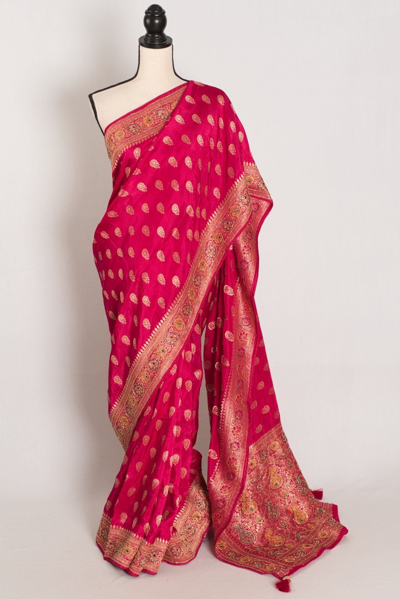 Purvi : Dark Pink and Gold Dola Silk Banarasi Saree - Hand Embroidery - Saree Mandi