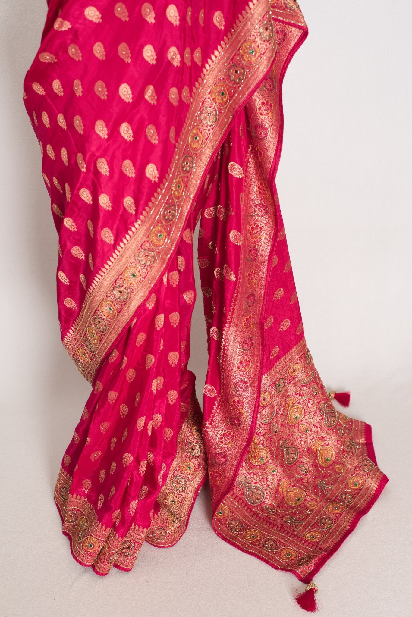 Purvi : Dark Pink and Gold Dola Silk Banarasi Saree - Hand Embroidery - Saree Mandi