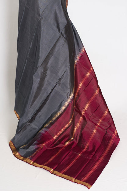 Radha : Gray and Maroon Kanjivaram Silk Saree with Small Golden Zari Border - Saree Mandi