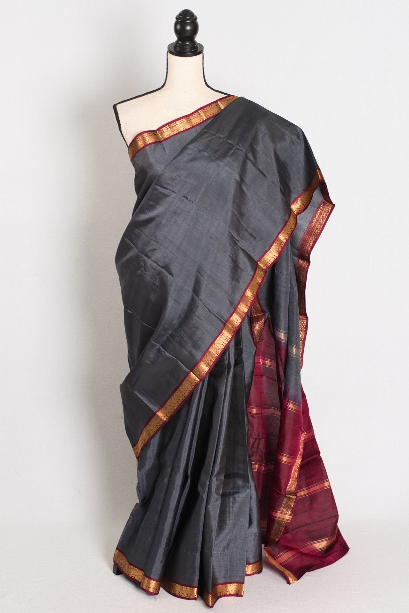 Radha : Gray and Maroon Kanjivaram Silk Saree with Small Golden Zari Border - Saree Mandi