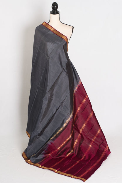 Radha : Gray and Maroon Kanjivaram Silk Saree with Small Golden Zari Border - Saree Mandi