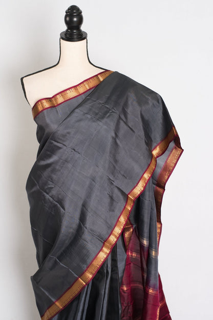 Radha : Gray and Maroon Kanjivaram Silk Saree with Small Golden Zari Border - Saree Mandi