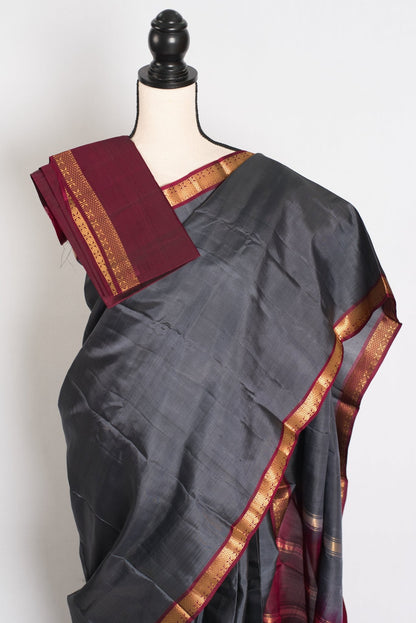 Radha : Gray and Maroon Kanjivaram Silk Saree with Small Golden Zari Border - Saree Mandi