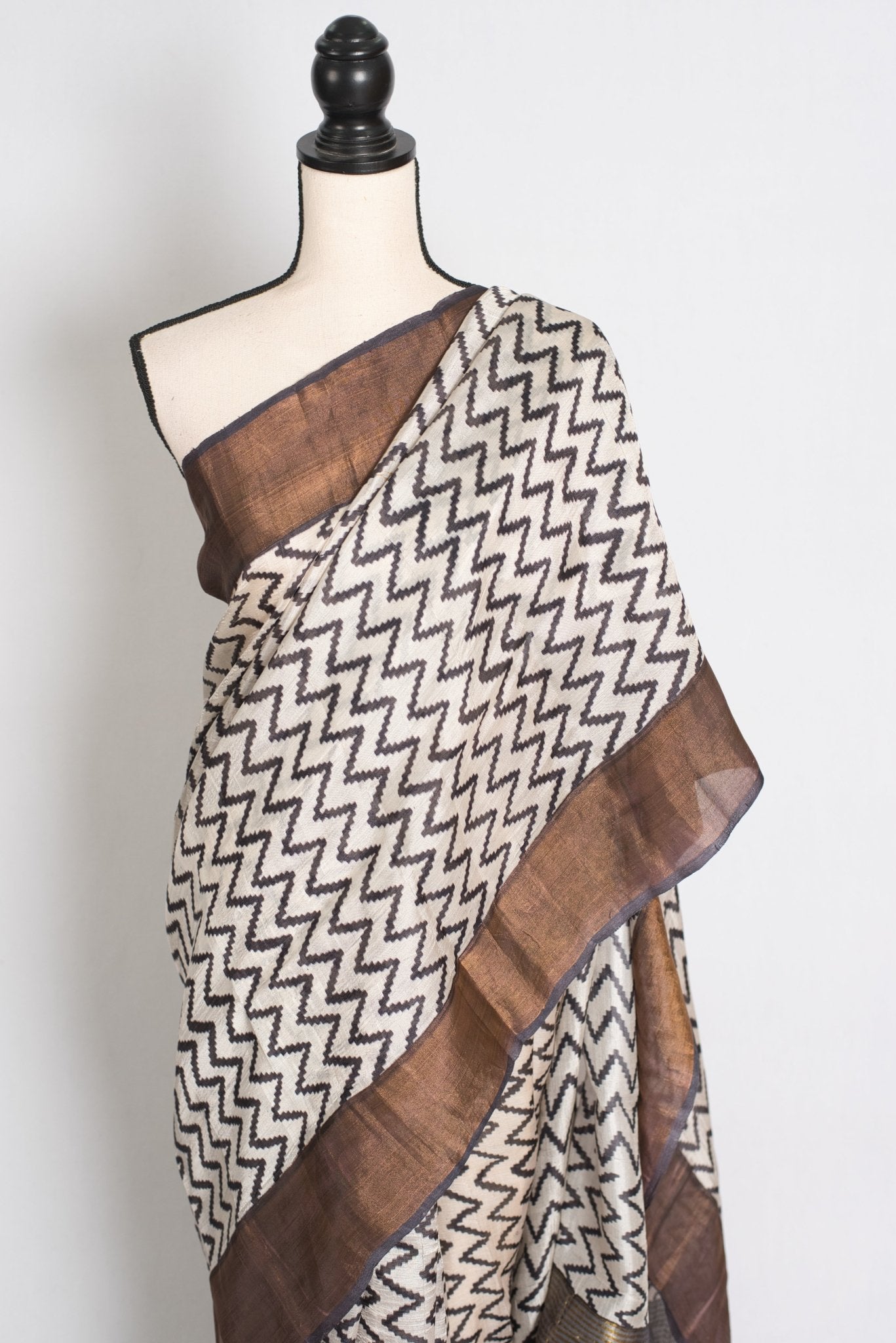 Rai : Black & White Zigzag Matka Tussar Silk Saree | Contemporary Bengali Style - Saree Mandi