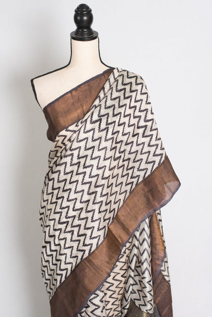 Rai : Black & White Zigzag Matka Tussar Silk Saree | Contemporary Bengali Style - Saree Mandi