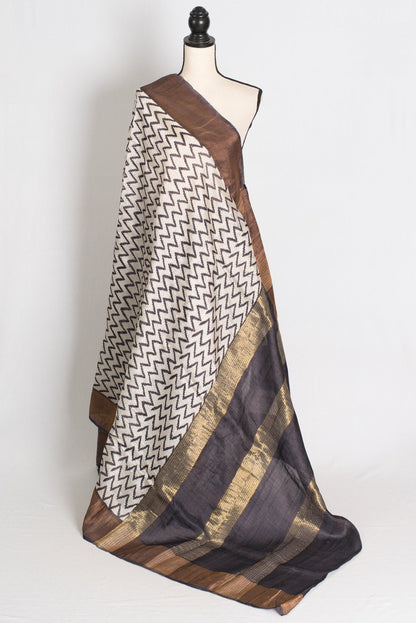 Rai : Black & White Zigzag Matka Tussar Silk Saree | Contemporary Bengali Style - Saree Mandi