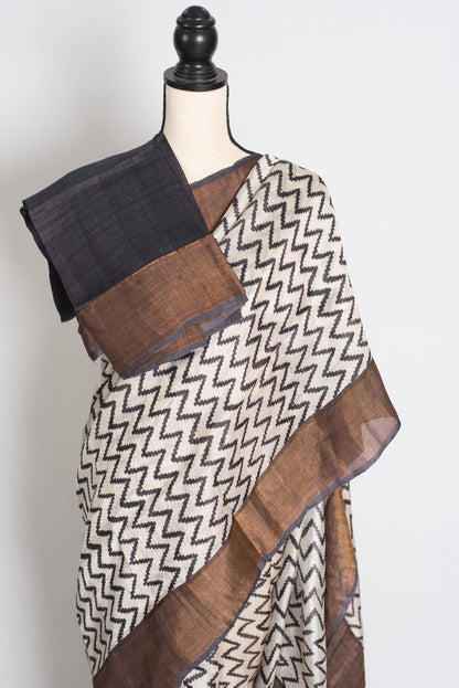 Rai : Black & White Zigzag Matka Tussar Silk Saree | Contemporary Bengali Style - Saree Mandi