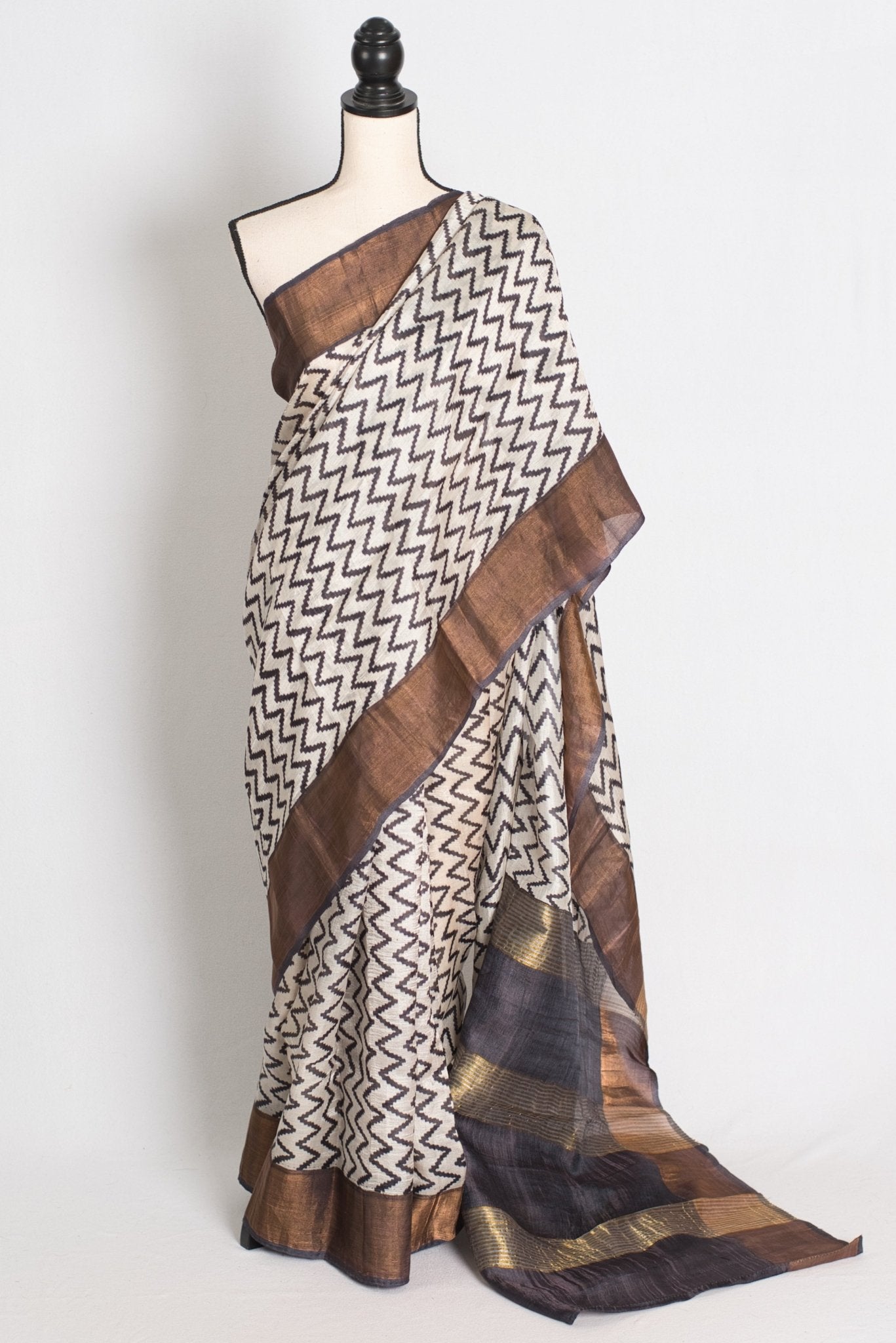 Rai : Black & White Zigzag Matka Tussar Silk Saree | Contemporary Bengali Style - Saree Mandi