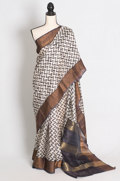Rai : Black & White Zigzag Matka Tussar Silk Saree | Contemporary Bengali Style - Saree Mandi