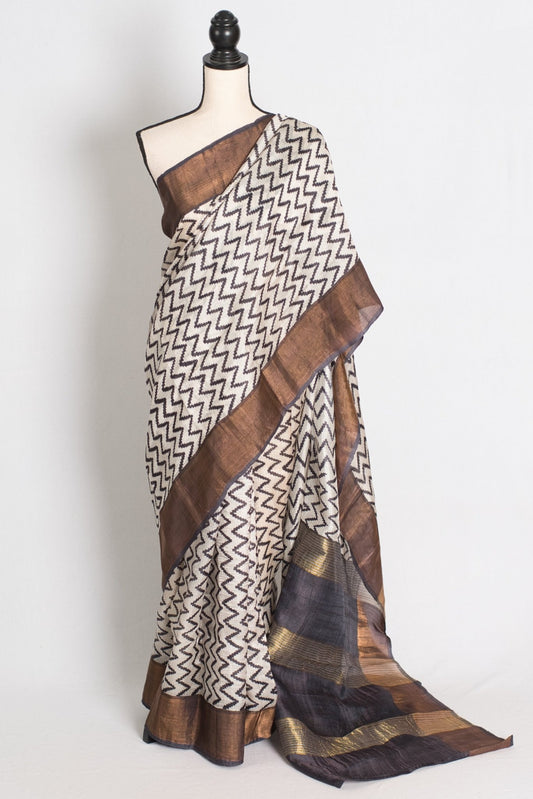 Rai : Black & White Zigzag Matka Tussar Silk Saree | Contemporary Bengali Style - Saree Mandi