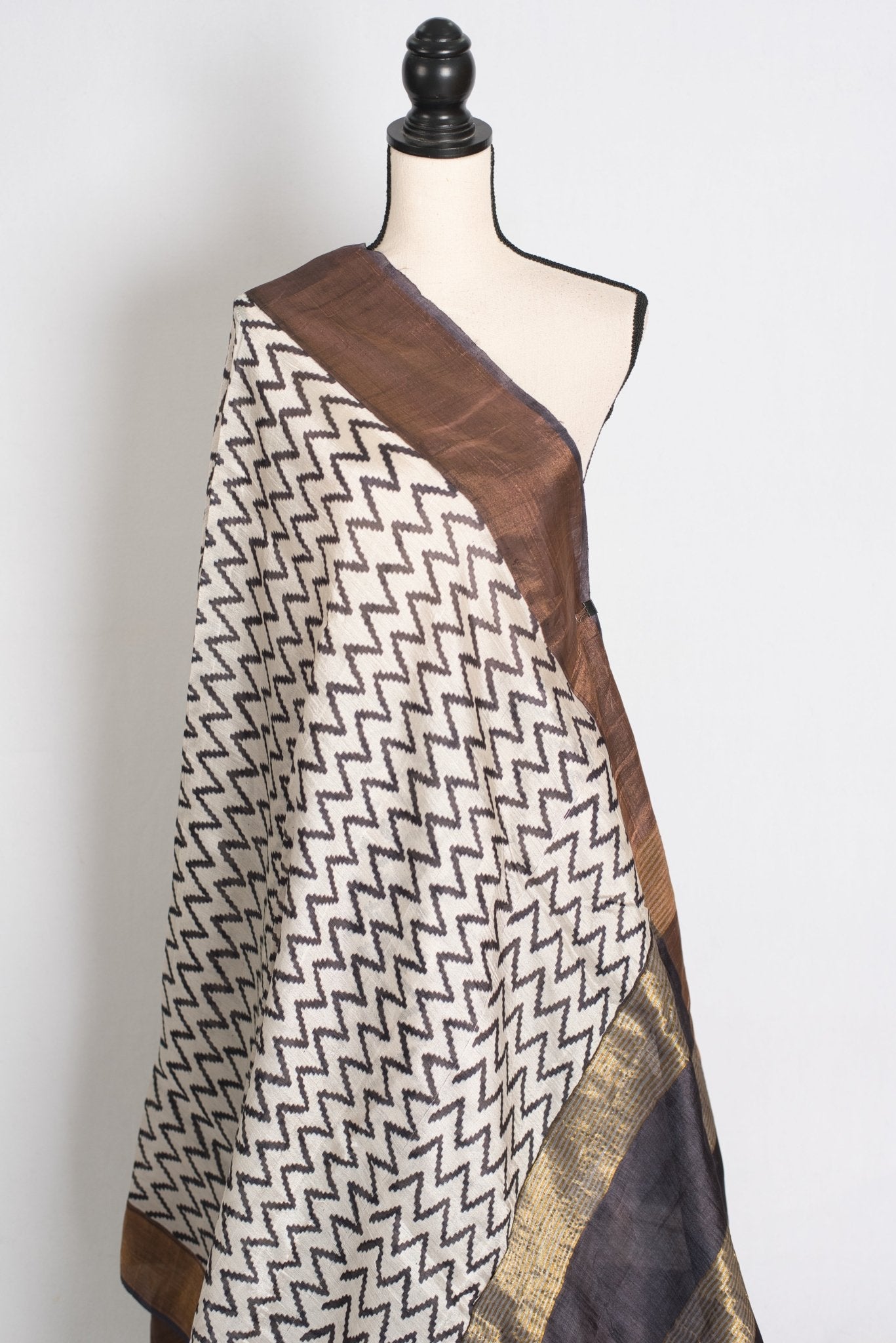 Rai : Black & White Zigzag Matka Tussar Silk Saree | Contemporary Bengali Style - Saree Mandi