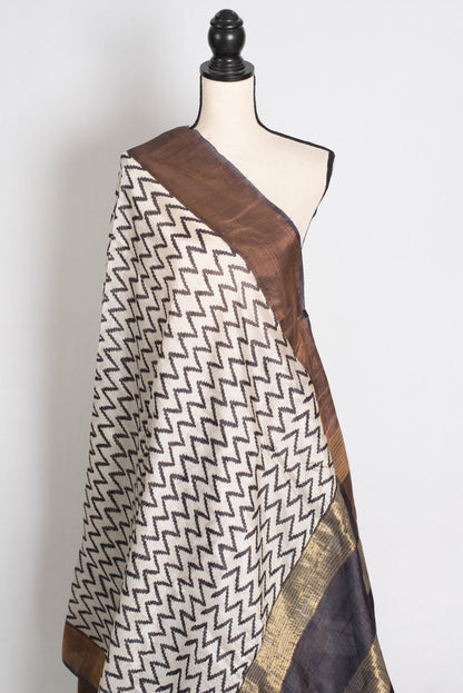 Rai : Black & White Zigzag Matka Tussar Silk Saree | Contemporary Bengali Style - Saree Mandi