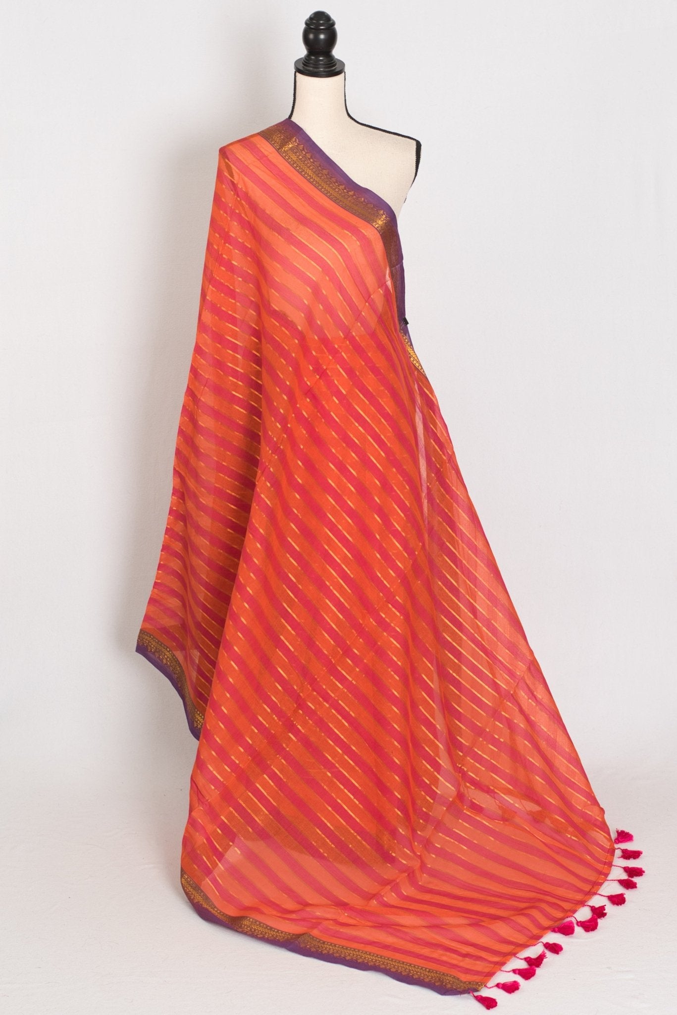 Rai: Orange Horizontal Striped Mulmul Cotton Saree | Contemporary Soft Cotton - Saree Mandi