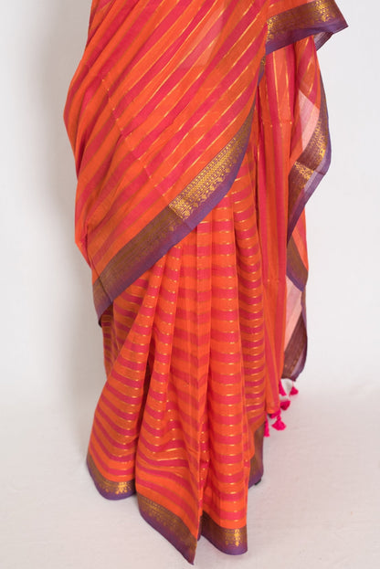 Rai: Orange Horizontal Striped Mulmul Cotton Saree | Contemporary Soft Cotton - Saree Mandi