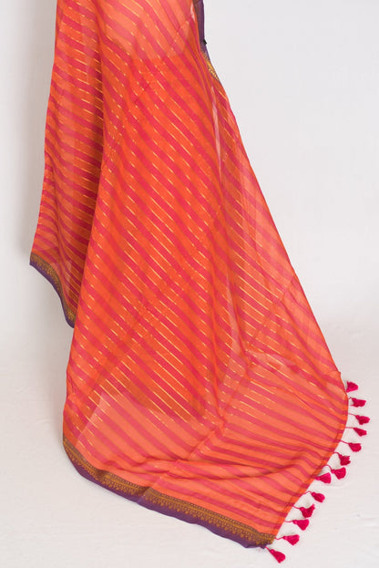 Rai: Orange Horizontal Striped Mulmul Cotton Saree | Contemporary Soft Cotton - Saree Mandi