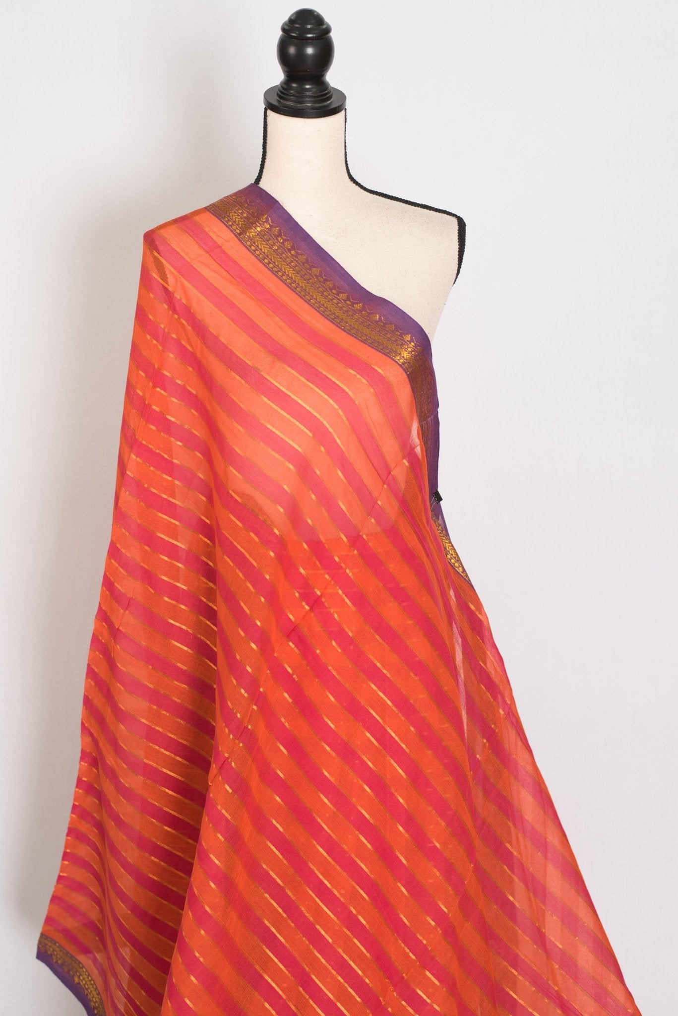 Rai: Orange Horizontal Striped Mulmul Cotton Saree | Contemporary Soft Cotton - Saree Mandi