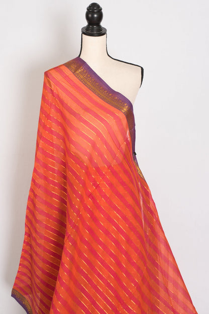 Rai: Orange Horizontal Striped Mulmul Cotton Saree | Contemporary Soft Cotton - Saree Mandi