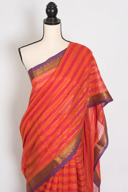 Rai: Orange Horizontal Striped Mulmul Cotton Saree | Contemporary Soft Cotton - Saree Mandi
