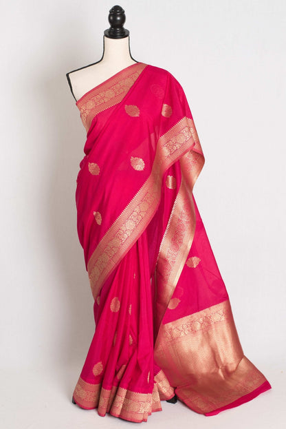 Raji : Semi Crepe Silk Budget Friendly Banarasi Saree in Pink and Gold - Saree Mandi