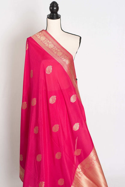 Raji : Semi Crepe Silk Budget Friendly Banarasi Saree in Pink and Gold - Saree Mandi