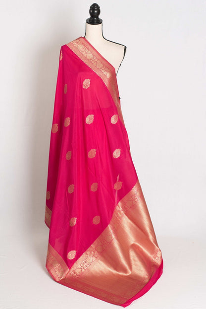 Raji : Semi Crepe Silk Budget Friendly Banarasi Saree in Pink and Gold - Saree Mandi